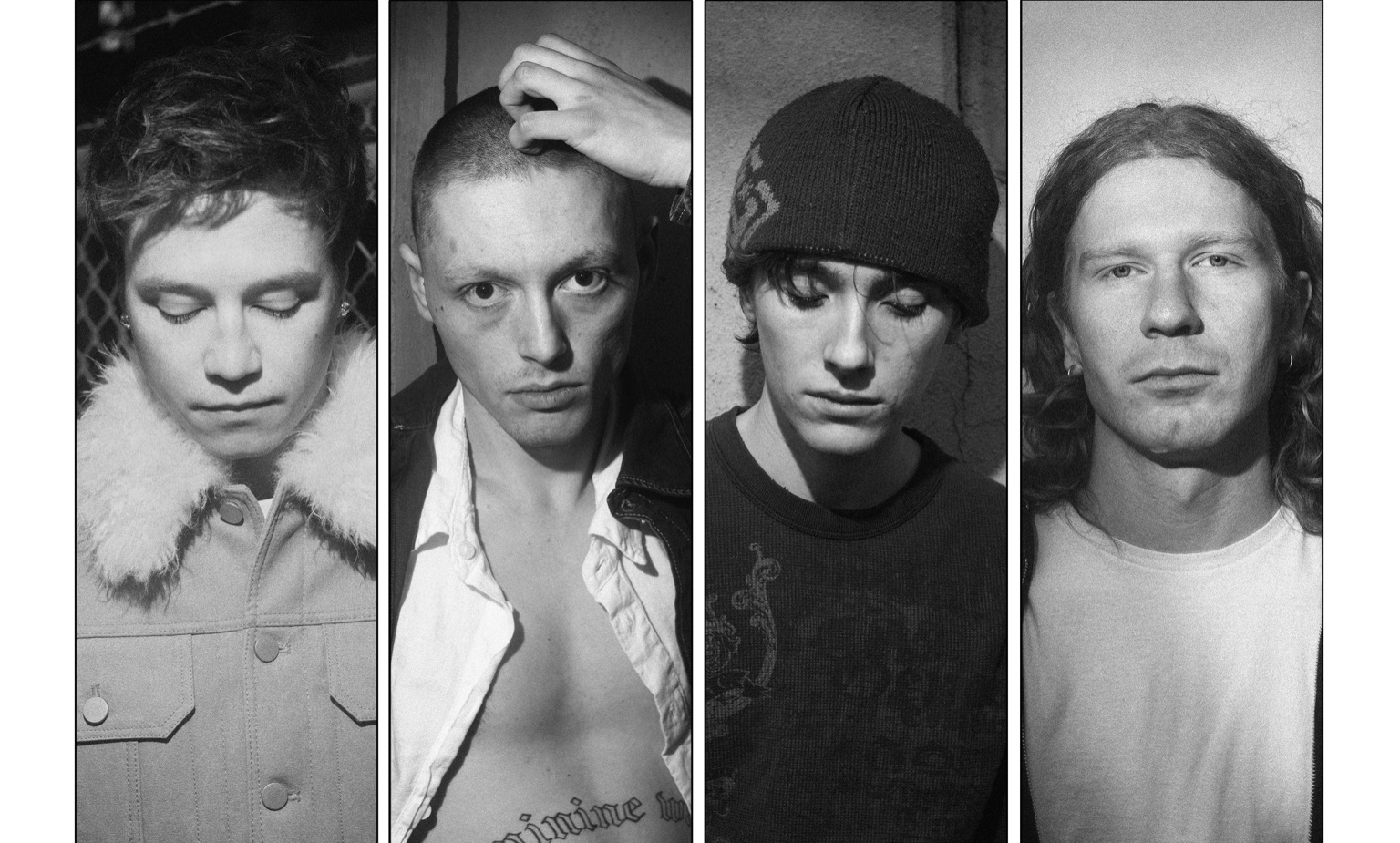 Four black-and-white artist portraits arranged side by side